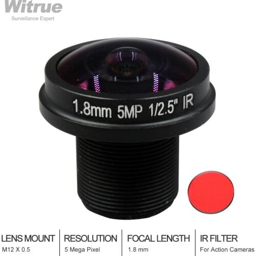 Witrue Fisheye Lens Action Camera Lens with IR filter 5MP 1.8mm M12 180 degree Wide Viewing Angle F2.0 1/2.5"