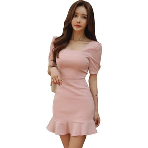 Pink Summer Dresses Square Collar Shrot Sleeve Womens Dress Office Ladies Bodycon Sexy Party Ruffles Mini Sundress 2018 Vestidos