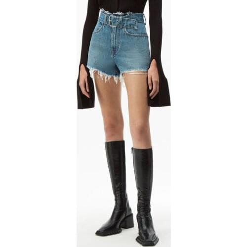 High Waist Straight Wide Leg Buckle Belt with Raw Edges Washed Women Jeans