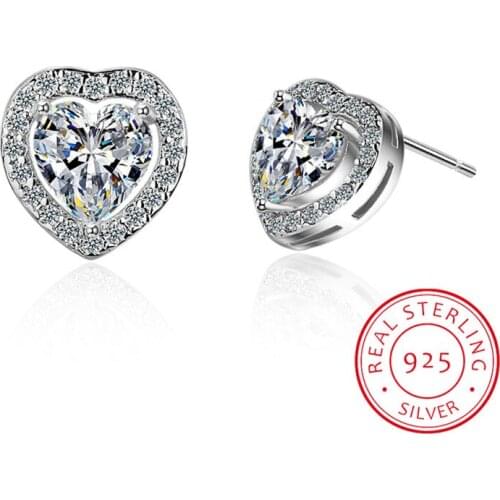 LEKANI 925 Sterling Silver Love Heart Shape Stud Earrings for Women Clear Cubic Zirconia Fashion Anniversary Jewelry PAS405