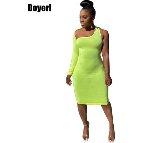 Slim Bodycon Midi Dress Women Autumn Elegant One Shoulder Sheath Halter Bandage Party Dress Night Club Sexy Long Sleeve Dress