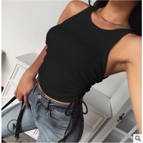 Womens Top Sexy Solid Color Knitted O-Neck Sleeveless Pleated Side Drawstring Cropped Tank Tops Summer casual fashion Vest
