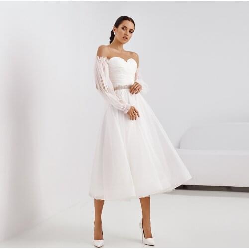 Vestidos Elegantes Off The Shoulder Long Sleeve Sweetheart Neck Lace Up Pleat Shiny Beaded Crystal Waist Short Wedding Dresses