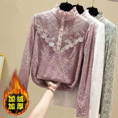 Women Blouse Autumn Winter plus Size Lace Shirt St-up Collar Long Sleeve Shirt Women Blusas Ropa De Mujer