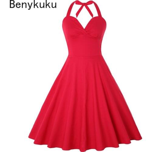 Women Vintage Pin Up Hepburn Big Swing Rockabilly Dresses Sexy Halter Backless Cotton Dress Summer Plus Size Red Party Vestidos