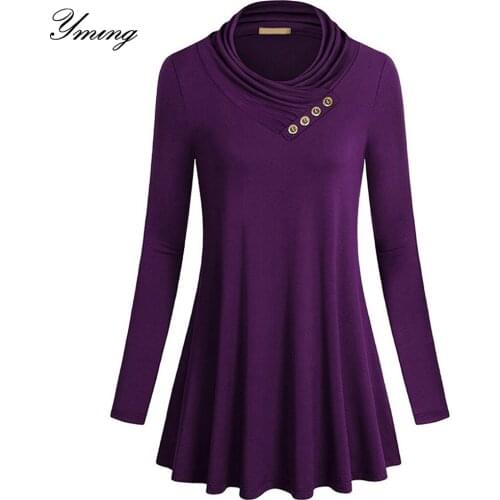 YMING Womens Autumn Stacked Collar Buttons Irregular Pleated Skirt Mid-length Womens Tops Rows of Buttoned Solid Tops