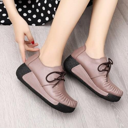 High Quality Genuine Leather Women Platform Sneakers Lace Up Flats Swing Shoes Shallow Ladies Casual Footwear Height Increasing