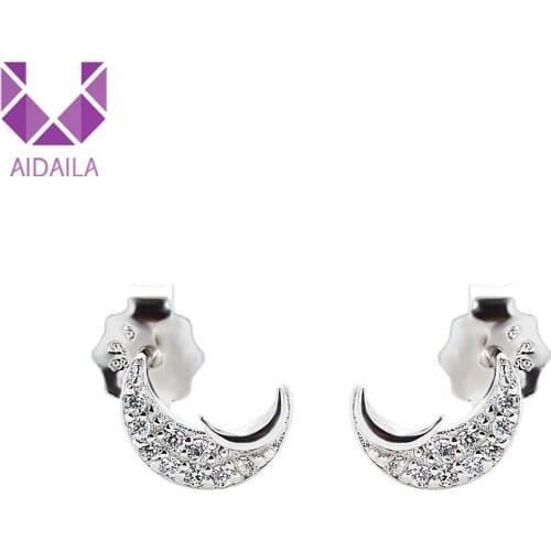 AIDAILA 100% 925 Solid Real Sterling Silver Stud Earrings Fashion Cute Moon CZ Stud Earrings Gift For Women Girls Teens Lady