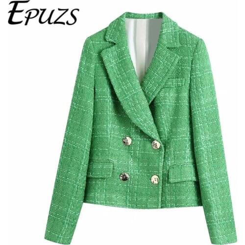 ZA 2021 green Double Breasted Tweed Blazer women Vintage jacket Long Sleeve blazer femme Chic Veste Femme