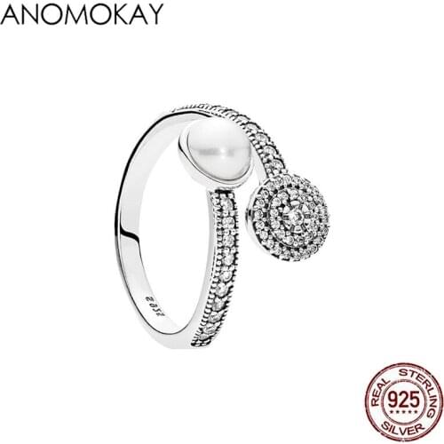 Anomokay Real 100% 925 Sterling Silver Round Simulation Pearl Finger Rings for Women Anniversary Engagement Fine CZ Ring Jewelry