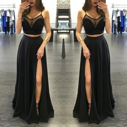 2019 Sexy Two Pieces Black Evening Prom Dress with High Split Floor Length Formal Wear Zipper Back for Wedding Party
