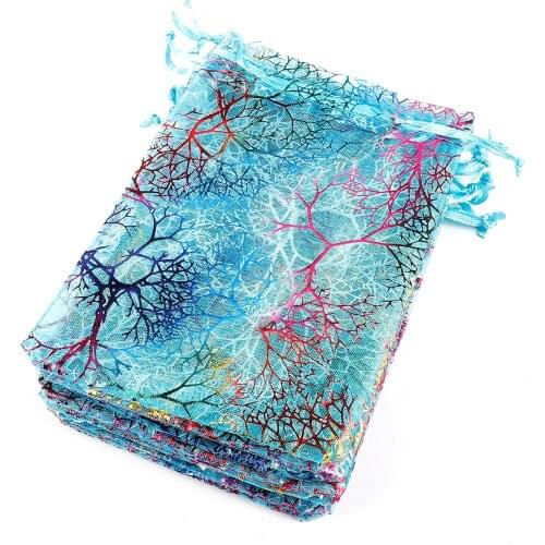 10x15cm 10pcs/Blue Bronzing coral color gold yarn drawstring bunch yarn organza bag Jewelry packaging and display equipment