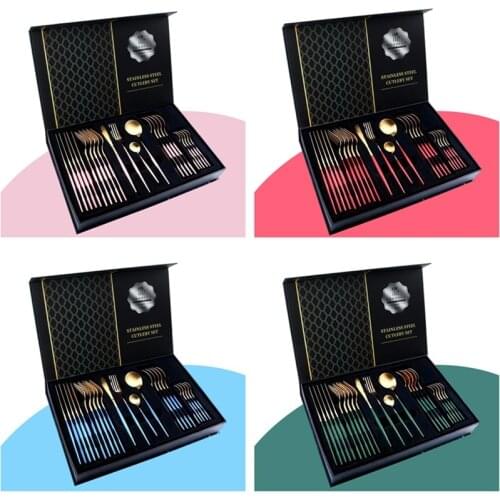 24pcs High-class Gift Box Gold Dinnerware Set Stainless Steel Tableware Set Knife Fork Spoon Flatware Dishwasher Safe