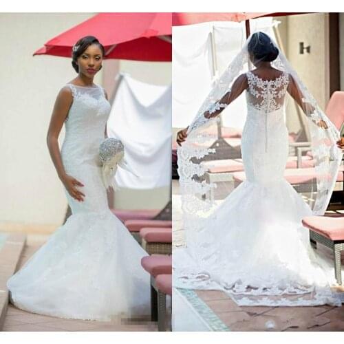 African Mermaid Lace Wedding Dresses Appliques Jewel Neck Sweep Train Tulle Plus Size Wedding Bridal Gowns