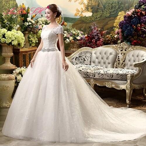 AXJFU princess white flower lace big bow wedding dress vintage party o neck illusion beading court train white wedding dress