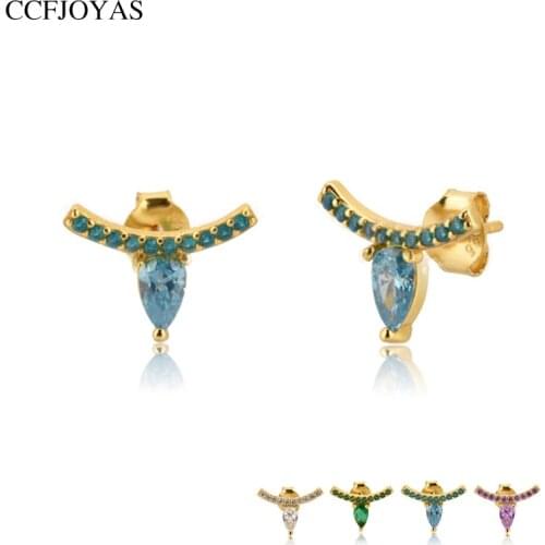 CCFJOYAS Simple Cute Water Drop 925 Sterling Silver Stud Earrings for Women INS Blue/white/purple/green Zircon Studs Earrings