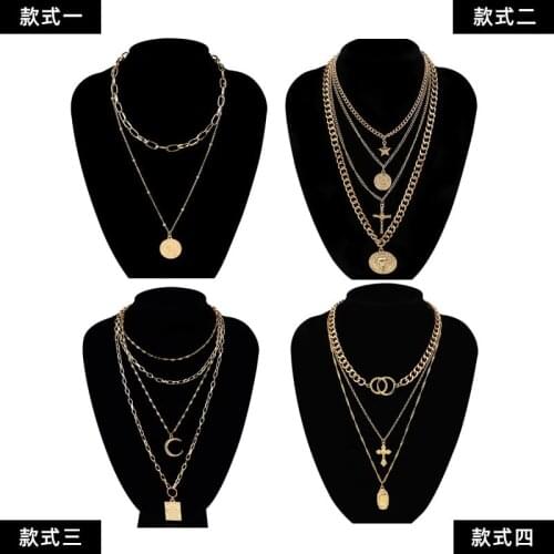 European and American Popular Moon Cross Portrait Five-Pointed Star Lion Head Pendant Necklace Multi-Layer Accessories Female