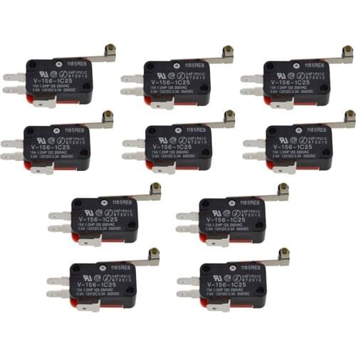 10pcs Micro Switch Limit Switch Long Hinge Roller Momentary SPDT Snap Action 3 Terminals For AC DC Control Circuits