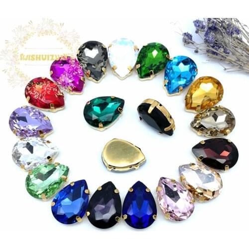 HOT!!! Mix color Water drop shape Glass Crystal sew on rhinestones with GOLD four claw Diy Clothing accessories Free shipping