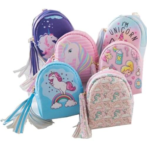 M025 Cute Women Purses Digital Printing Unicorn Design Tassel Pendant Rainbow Horse Coin Purse Key Card Bag Wholesale