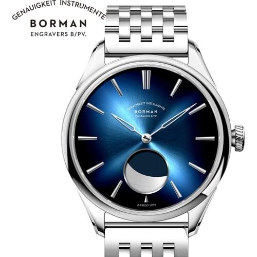 BORMAN Stainless Steel Men Mechanical Watch Power Reserve 80Hour Moon Phase Automatic Watch Sapphire Glass Waterproof 50M Watch
