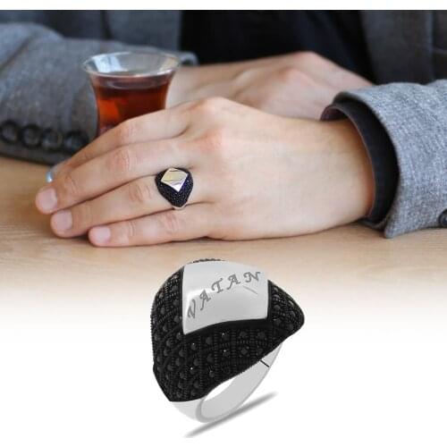 Tesbihane Micro Stone Embellishment Personalized "Name-Letter" Written 925 Sterling Silver Men 'S Ring