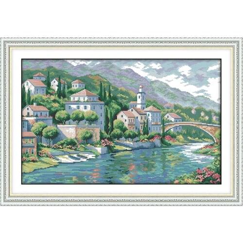River town cross stitch kit city beside water 18ct 14ct 11ct printed canvas DMC color cotton thread embroidery DIY handmade