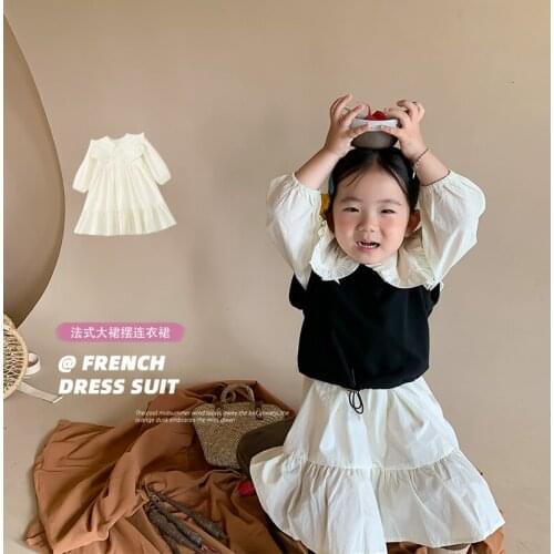 Autumn New Arrival korean style girls dress long sleeve all-match with big lapel cotton princess dress for cute baby girls