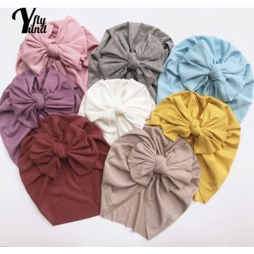 Yundfly 19*20 CM Baby Girls Solid Color Striped Cotton Hat Cute Handmade Bowknot Infant Beanie Cap Hair Accessories Holiday Gift