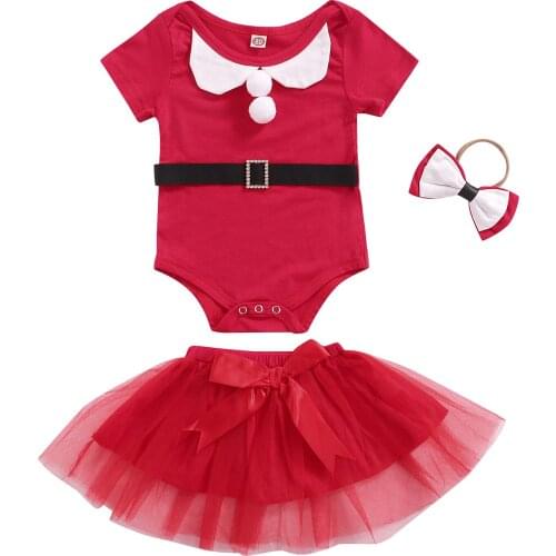 Citgeett Autumn Christmas Infant Baby Girl Romper Tops Skirt Headband Suit Short Sleeve Playsuit Mesh Skirt Xmas Clothes