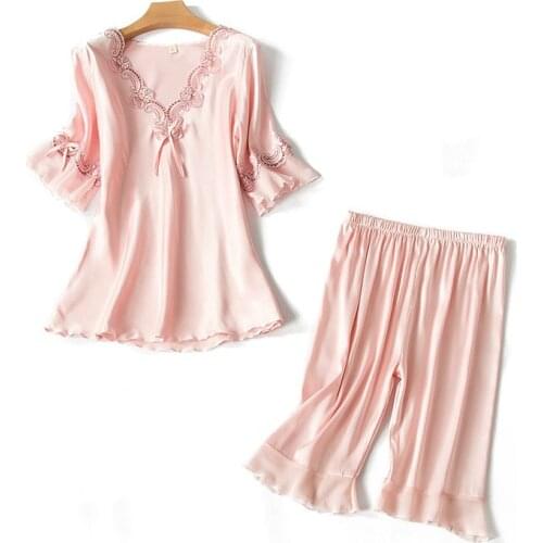 Sexy Silk Sleepwear Set Pajamas for Women Two Piece Sets Home Soft Cozy Short Sleeves Sleepwear Women Pajama Shorts & Sleep Tops