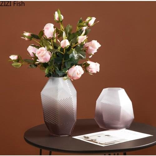 Pink Gradient Frosted Glass Vase Floral Desk Decoration Geometric Stripe Flower Arrangement Home Decor Modern Vases for Flowers