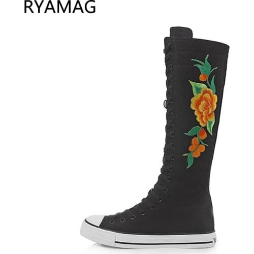 Ryamag 2021 New Womens Canvas Boots Long Dance Boots Shoes Flats Rose Embroidery Fashion Folk-custom Zipper Vulcanize Sneakers