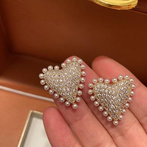 Love Heart Shaped Pearl Earring Tassel Crystal Zircon For Women Jewelry Girl Gift Fashion Simple Luxury Brand Gold Color Party