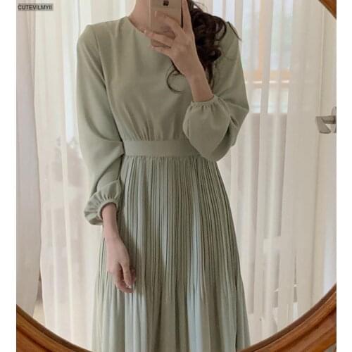 Chic Korea Fashion Clothes Women Autumn Fall Spring New Arrivals Design Elegant Retro Vintage Korean Style Solid Long Dress