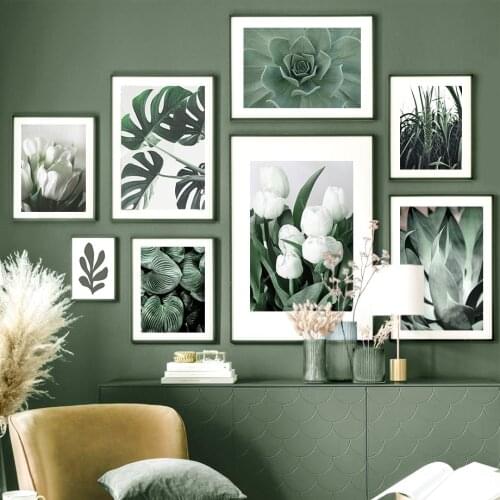 Tulip Monstera Reed Abstract Green Plants Wall Art Canvas Painting Nordic Posters And Prints Wall Pictures For Living Room Decor