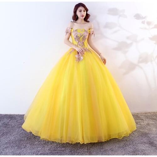 Yellow Party Dress Off The Shoulder Ball Gown Luxury Lace Prom Dress Vintage Floral Print Quinceanera Dresses Plus Size Vestidos