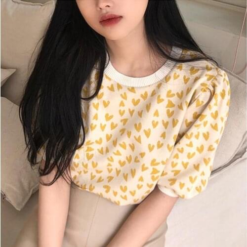 Korean Chic Summer Age Reduction Sweet Round Neck Full Screen Small Love Printing Loose Puff Sleeve Knit T-Shirt Women
