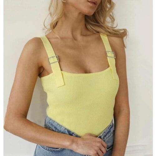 Free Shipping 2021 Summer Candy Color Camisole Knit Tank Top Womens Square Neck Sleeveless Sexy Slim Short Knit Ribbed Tank Top