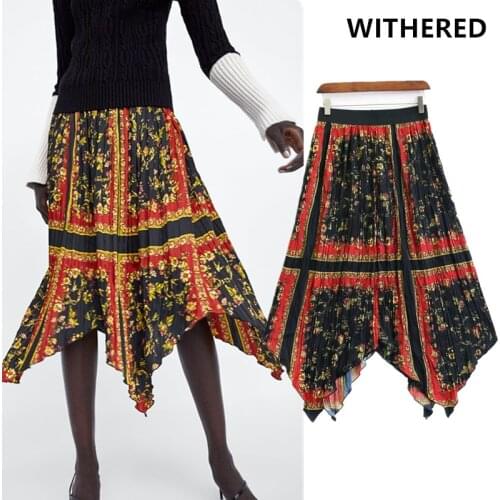 Jenny&Dave loose faldas mujer moda 2 pieces set skirt women harajuku Pin-tuck pleated Irregularity Court print elastic waist