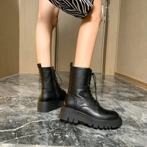 Sianie Tianie Winter Warm Fleece Inside Plain Black Thick Platform Flat Sole Shoes Lace-up Motorcycle Martin Women Ankle Boots