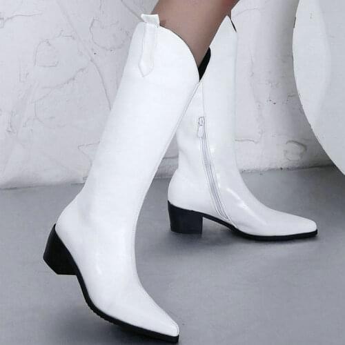 Black White Women Knee High Boots Pointed Toe Square High Heel Ladies Western Boots Short Plush Autumn Winter Womens Boots