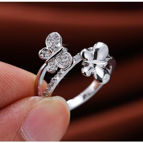 Women Ring Micro-inlaid Cubic Zirconia Ring Butterfly Silver Plated Double-layer Ring Fashion Charm Engagement Party Jewelry
