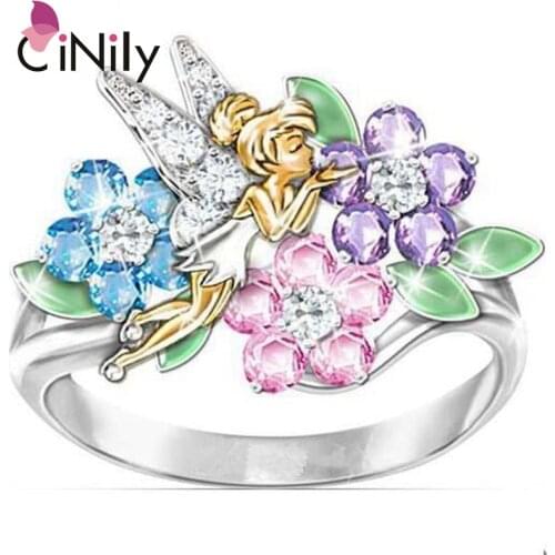 CiNily Angel Multicolor Crystal Zircon Flower Silver Plated Women Ring Jewelry Cocktail Party Fully-Jewelled Female Size 6-10