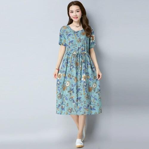 Fashion 2019 New Women Dresses Casual Cotton Linen Print Loose Summer Dress Short Sleeve O-Neck Waist Drawstring Vintage Dress