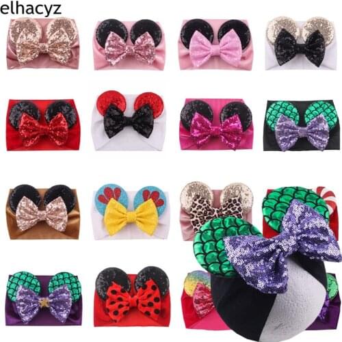 10pcs/lot New 5'' Sequin Hair Bow Chic Mouse Ears Turban Headband Girls Kids Glitter Spring Fashion Headband DIY Hair Accessory