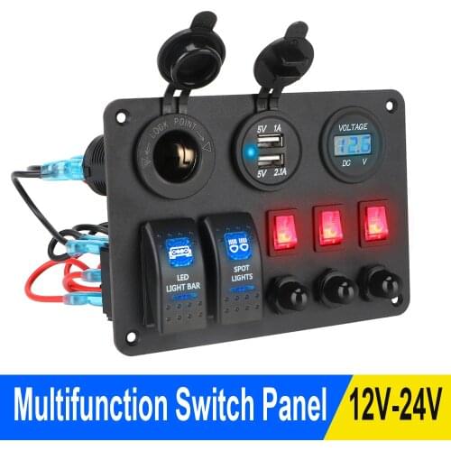 LEEPEE Car Marine RV Circuit LED Breaker 2+3 Gang Rocker Switch Panel Digital Voltmeter Dual USB Ports With Overload Protector