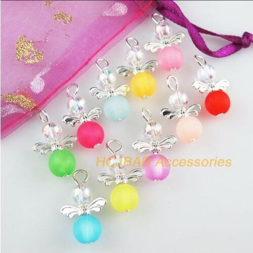 20 New Angel Charms Silver Plated Mixed Frosting Acrylic Ball Pendants 13.5x22mm