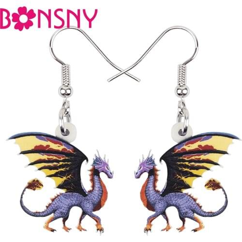 BONSNY Acrylic Cute Purple Dragon Dinosaur Wings Earrings Long Drop Dangle Novelty Jewelry For Women Girls Charm Party Gifts