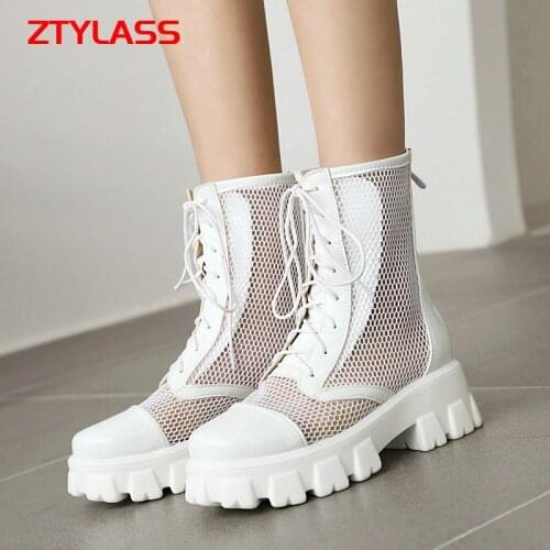 Summer Breathable Women Mesh Boots Fashion Zipper Cross Tied Riding Boots Ladies Platform Thick High Heel Spring Shoes Woman